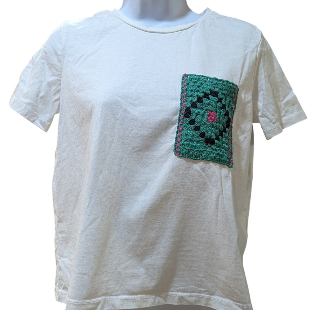 Zara Small White Cotton T-Shirt with Green Crochet Granny Square Pocket Boho